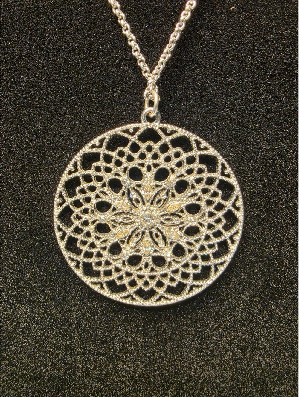 LOFT silver tone chain clear crystals medallion pendant necklace